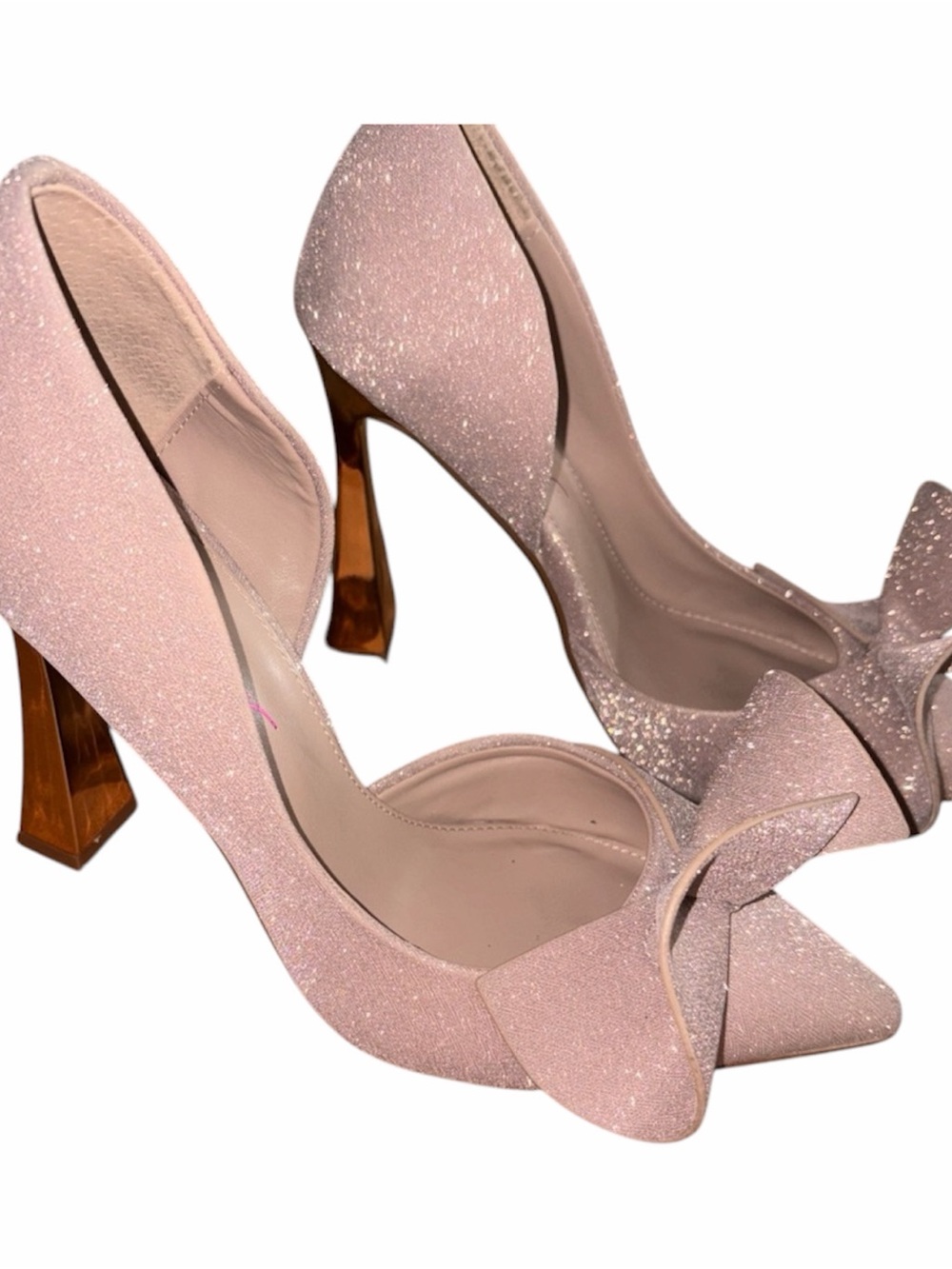 Betsey Johnson Glitter Bow Pointed Pumps in Light Pink with Wood-Effect Heel